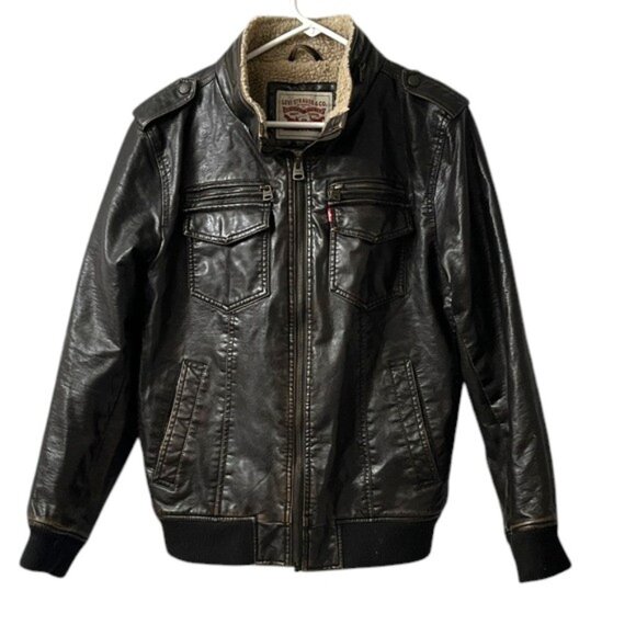 Levi's Men's Sherpa-Lined Faux-Leather Aviator Bomber Jacket - Size Small - Picture 2 of 13